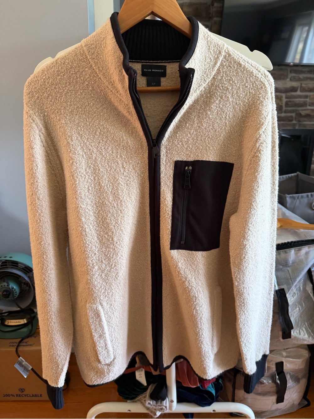 Club Monaco Cream Sherpa Zip Jacket with Dark Contrast Pocket